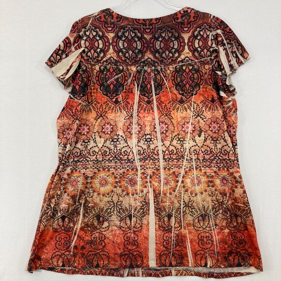 One World size 3X Red Brown Boho Artsy Flutter Sleeve Blouse Vacation Festival - Picture 8 of 9